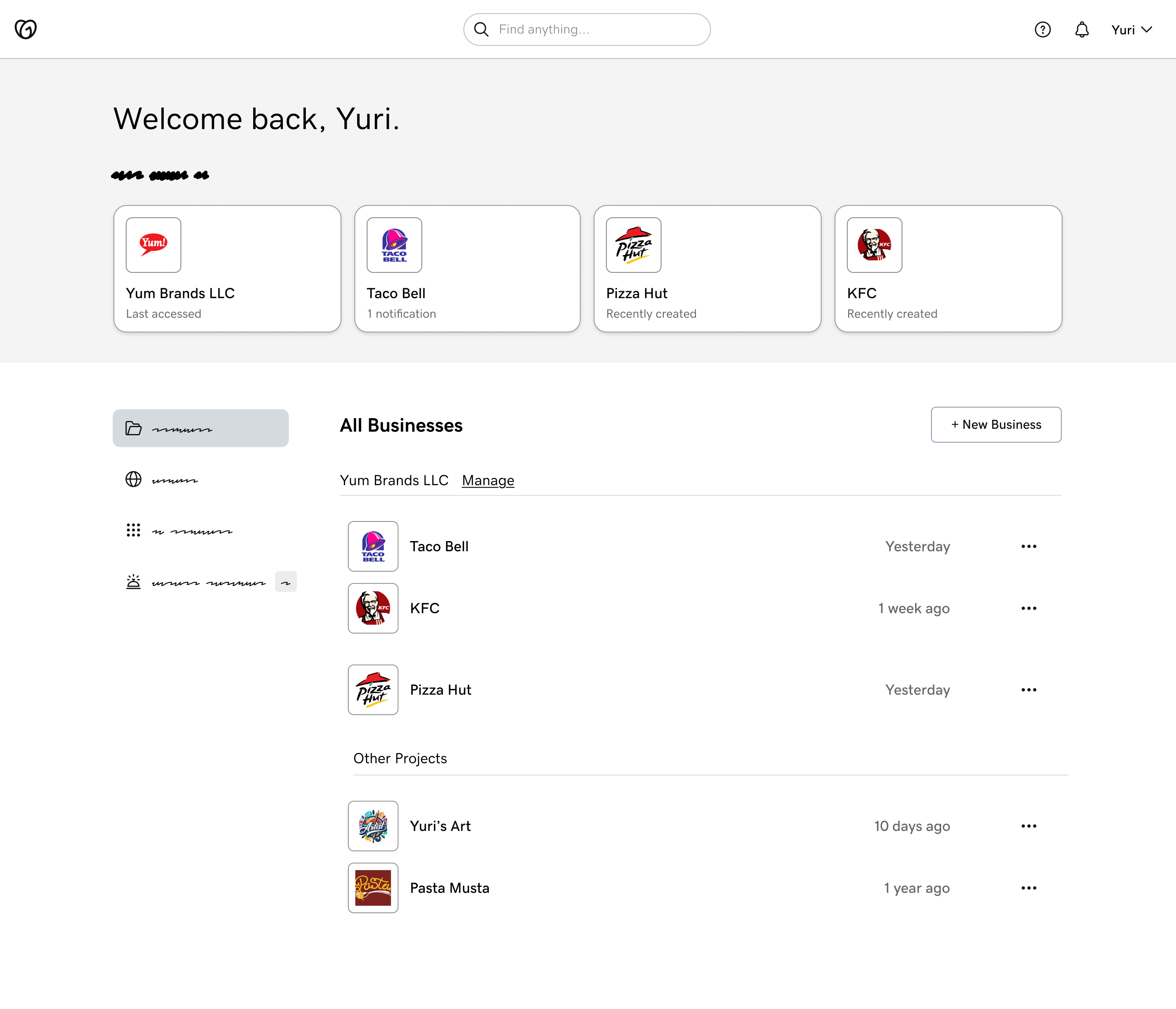 Yuri's multi-business home wireframe