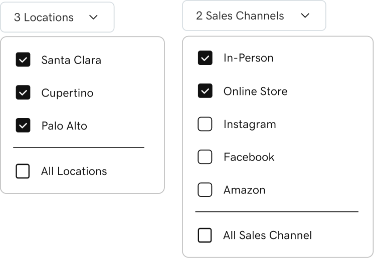 Proposal three filter panel with selected locations and sales channels